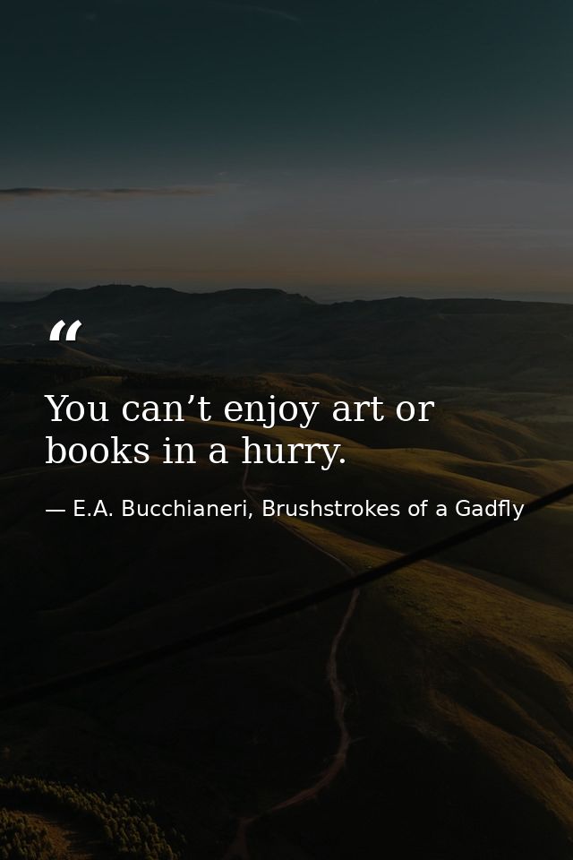 You can’t enjoy art or books in a hurry. — E.A. Bucchianeri, Brushstrokes of a Gadfly