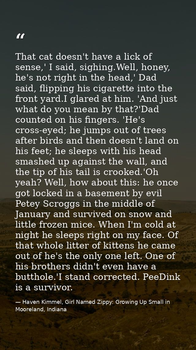 That cat doesn't have a lick of sense,' I said, sighing.Well, honey, he's not right in the head,' Dad said, flipping his — Haven Kimmel, Girl Named Zippy: Growing Up Small in Mooreland, Indiana