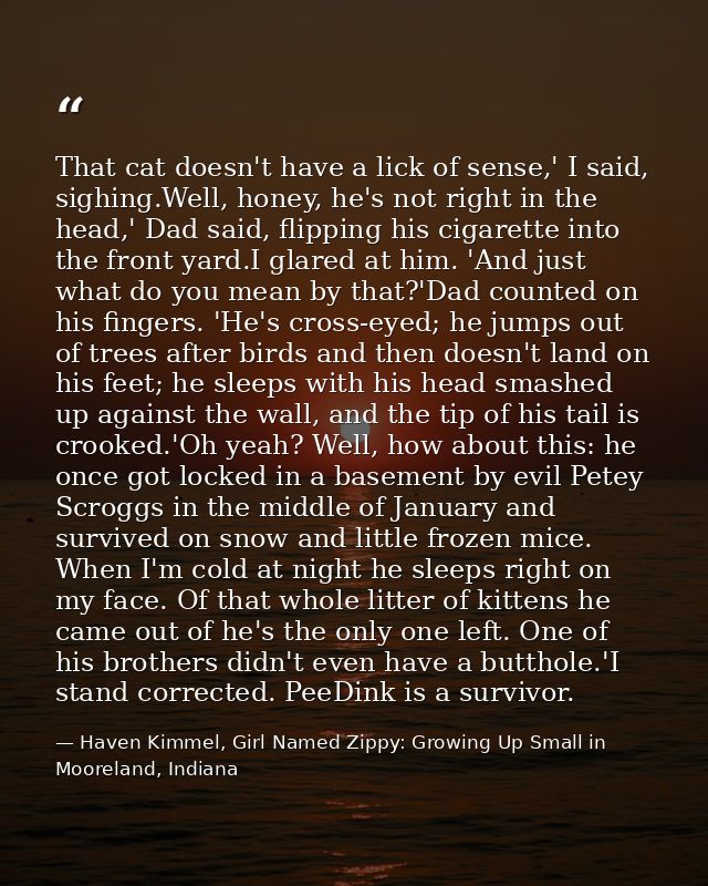 That cat doesn't have a lick of sense,' I said, sighing.Well, honey, he's not right in the head,' Dad said, flipping his — Haven Kimmel, Girl Named Zippy: Growing Up Small in Mooreland, Indiana