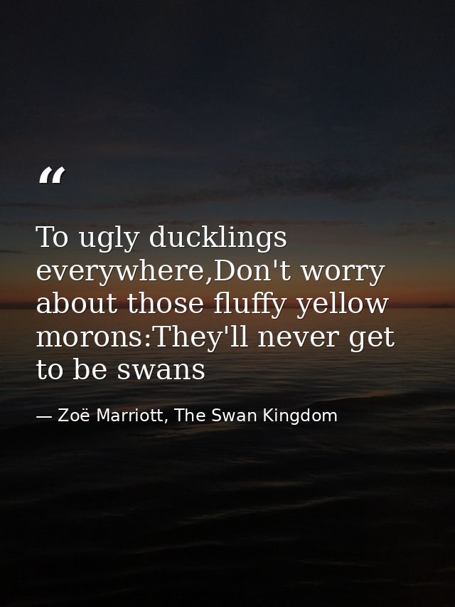 To ugly ducklings everywhere,Don't worry about those fluffy yellow morons:They'll never get to be swans — Zoë Marriott, The Swan Kingdom
