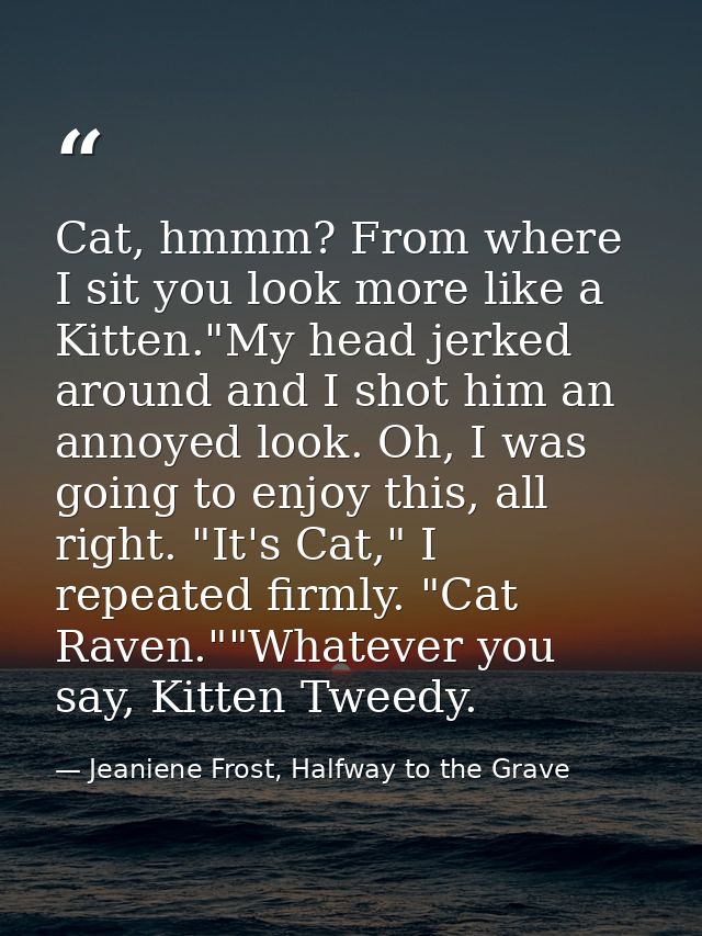 Cat, hmmm? From where I sit you look more like a Kitten."My head jerked around and I shot him an annoyed look. Oh, I was — Jeaniene Frost, Halfway to the Grave