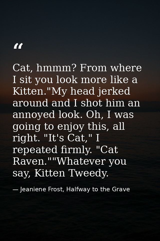 Cat, hmmm? From where I sit you look more like a Kitten."My head jerked around and I shot him an annoyed look. Oh, I was — Jeaniene Frost, Halfway to the Grave