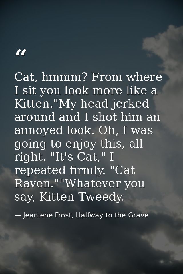 Cat, hmmm? From where I sit you look more like a Kitten."My head jerked around and I shot him an annoyed look. Oh, I was — Jeaniene Frost, Halfway to the Grave