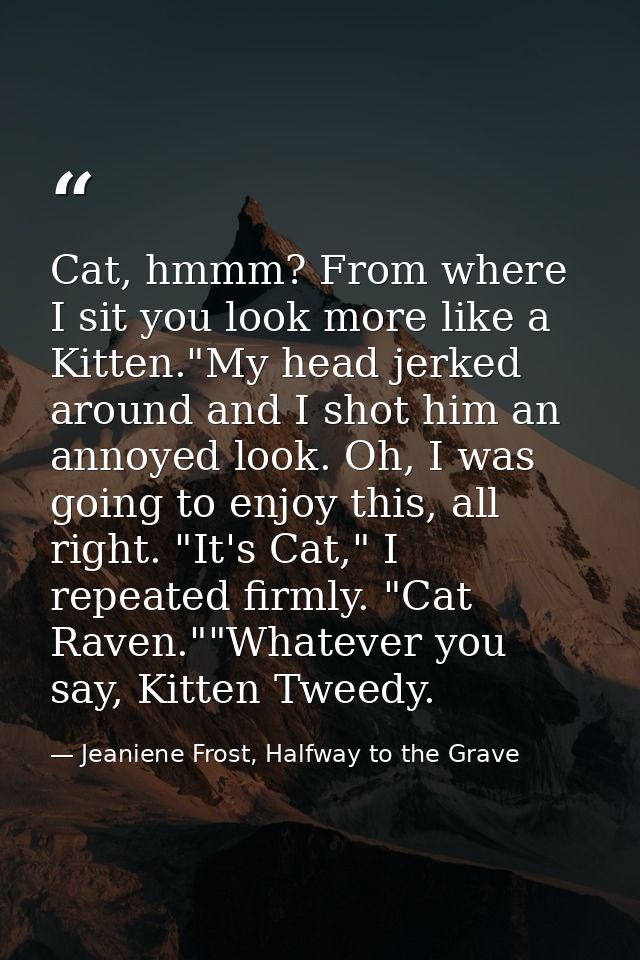 Cat, hmmm? From where I sit you look more like a Kitten."My head jerked around and I shot him an annoyed look. Oh, I was — Jeaniene Frost, Halfway to the Grave