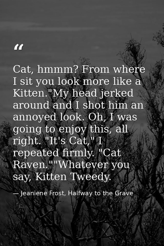 Cat, hmmm? From where I sit you look more like a Kitten."My head jerked around and I shot him an annoyed look. Oh, I was — Jeaniene Frost, Halfway to the Grave