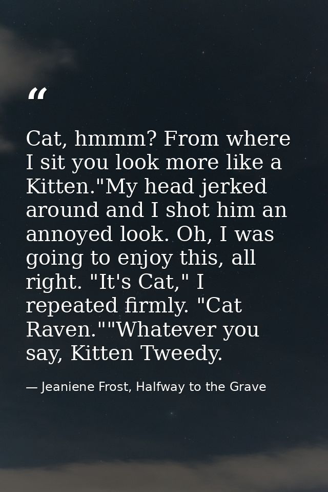 Cat, hmmm? From where I sit you look more like a Kitten."My head jerked around and I shot him an annoyed look. Oh, I was — Jeaniene Frost, Halfway to the Grave
