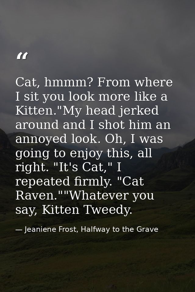 Cat, hmmm? From where I sit you look more like a Kitten."My head jerked around and I shot him an annoyed look. Oh, I was — Jeaniene Frost, Halfway to the Grave