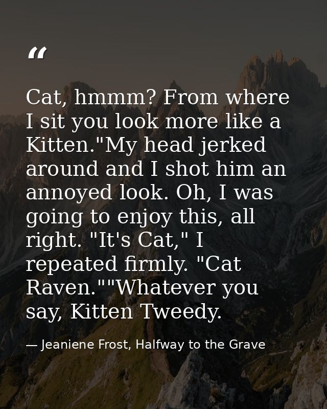 Cat, hmmm? From where I sit you look more like a Kitten."My head jerked around and I shot him an annoyed look. Oh, I was — Jeaniene Frost, Halfway to the Grave