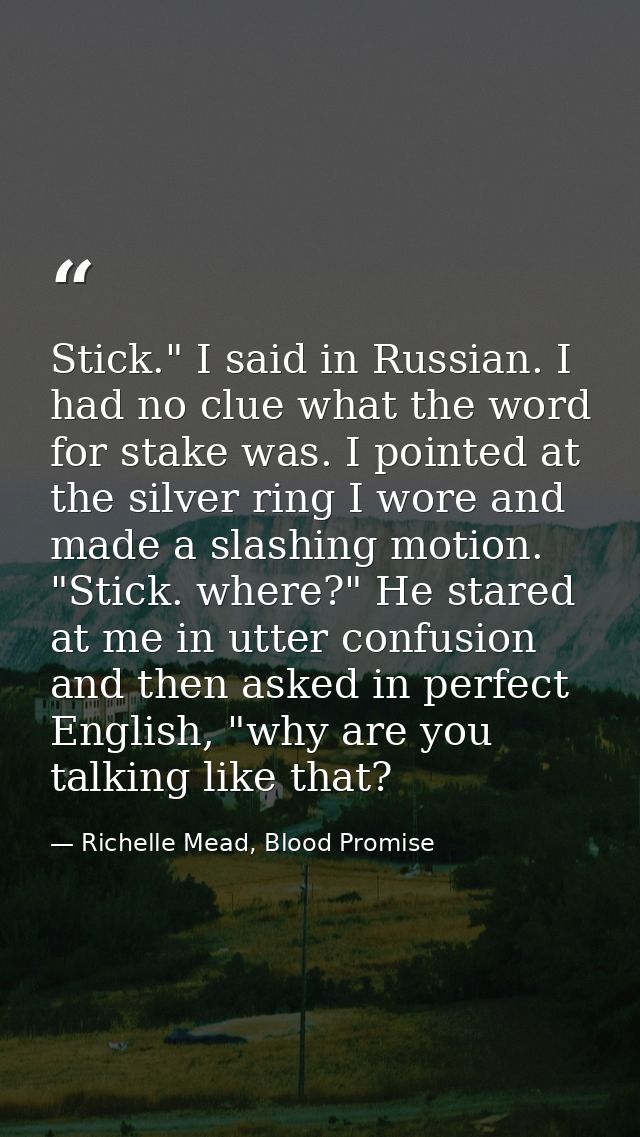 Stick." I said in Russian. I had no clue what the word for stake was. I pointed at the silver ring I wore and made a sla — Richelle Mead, Blood Promise