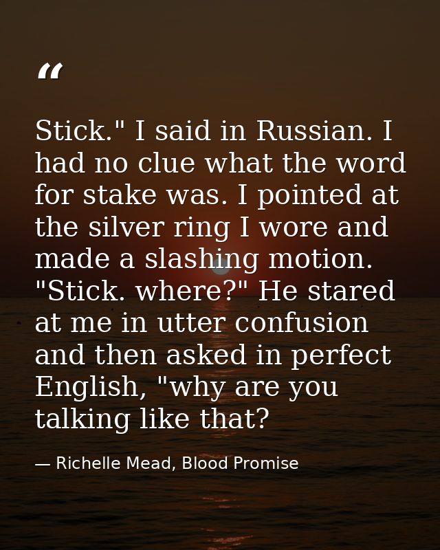 Stick." I said in Russian. I had no clue what the word for stake was. I pointed at the silver ring I wore and made a sla — Richelle Mead, Blood Promise