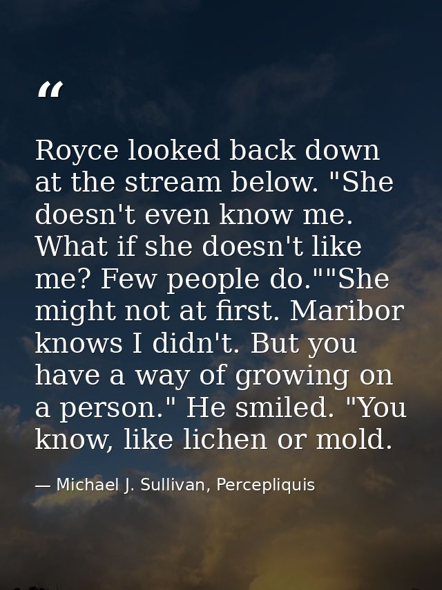 Royce looked back down at the stream below. "She doesn't even know me. What if she doesn't like me? Few people do.""She  — Michael J. Sullivan, Percepliquis