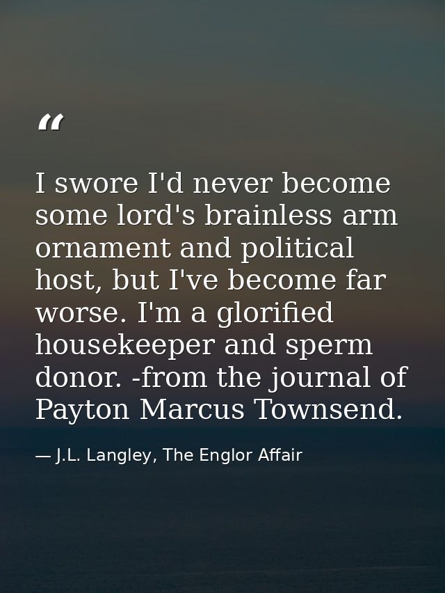 I swore I'd never become some lord's brainless arm ornament and political host, but I've become far worse. I'm a glorifi — J.L. Langley, The Englor Affair