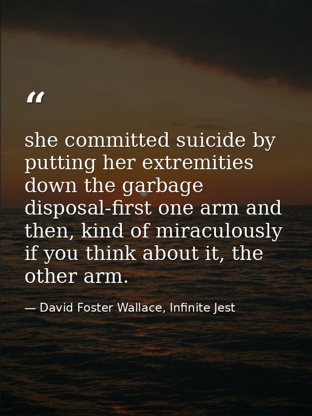 she committed suicide by putting her extremities down the garbage disposal-first one arm and then, kind of miraculously  — David Foster Wallace, Infinite Jest