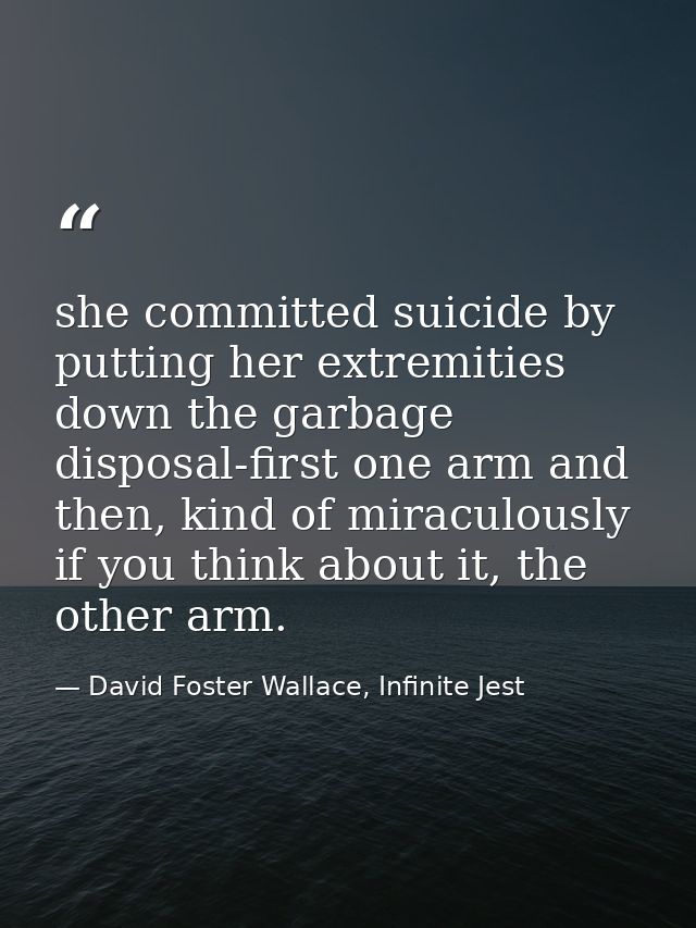 she committed suicide by putting her extremities down the garbage disposal-first one arm and then, kind of miraculously  — David Foster Wallace, Infinite Jest