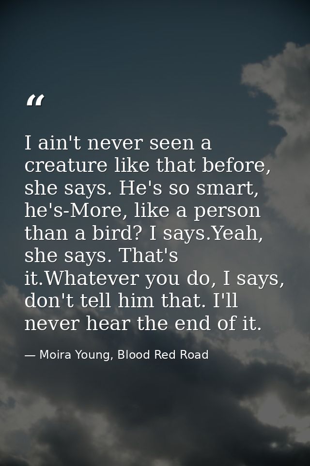 I ain't never seen a creature like that before, she says. He's so smart, he's-More, like a person than a bird? I says.Ye — Moira Young, Blood Red Road