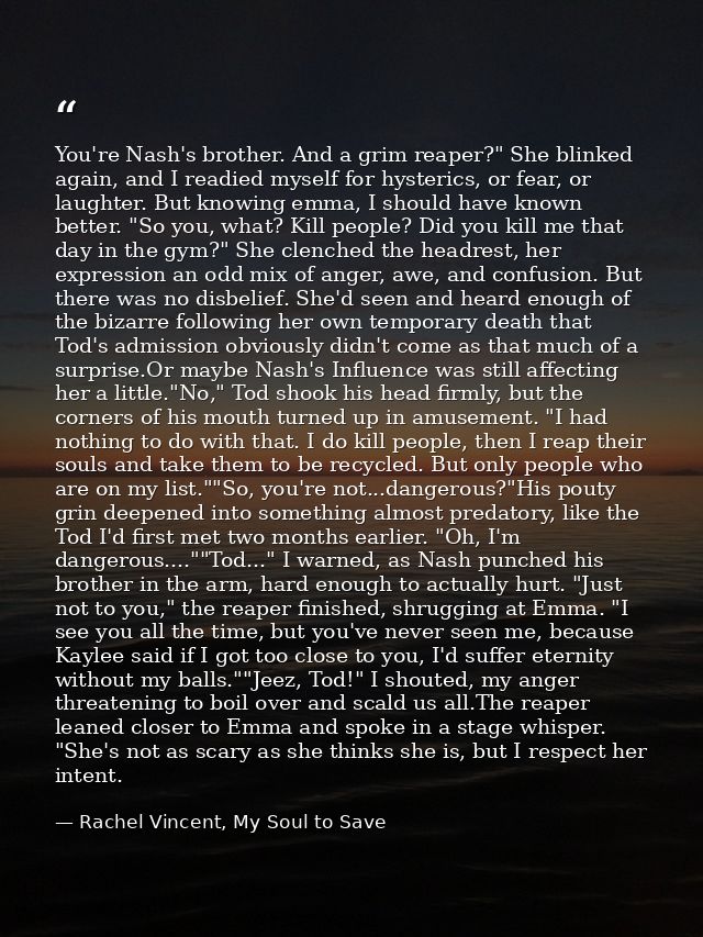 You're Nash's brother. And a grim reaper?" She blinked again, and I readied myself for hysterics, or fear, or laughter.  — Rachel Vincent, My Soul to Save