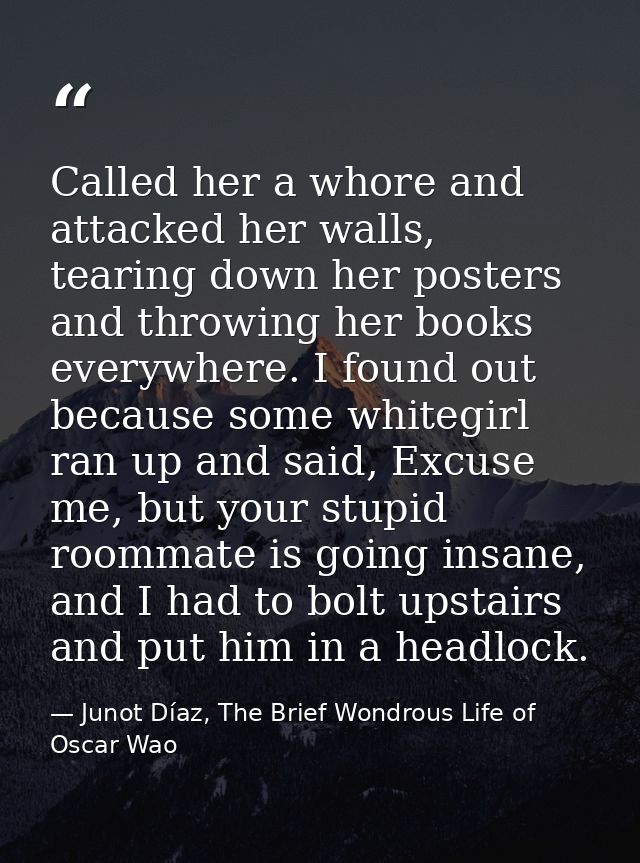 Called her a whore and attacked her walls, tearing down her posters and throwing her books everywhere. I found out becau — Junot Díaz, The Brief Wondrous Life of Oscar Wao