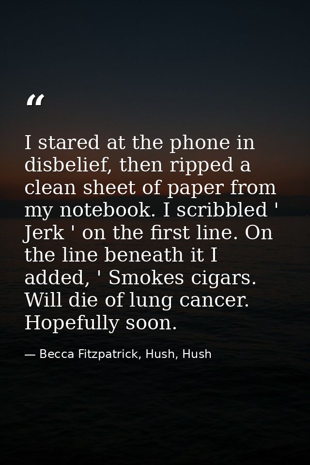 I stared at the phone in disbelief, then ripped a clean sheet of paper from my notebook. I scribbled ' Jerk ' on the fir — Becca Fitzpatrick, Hush, Hush