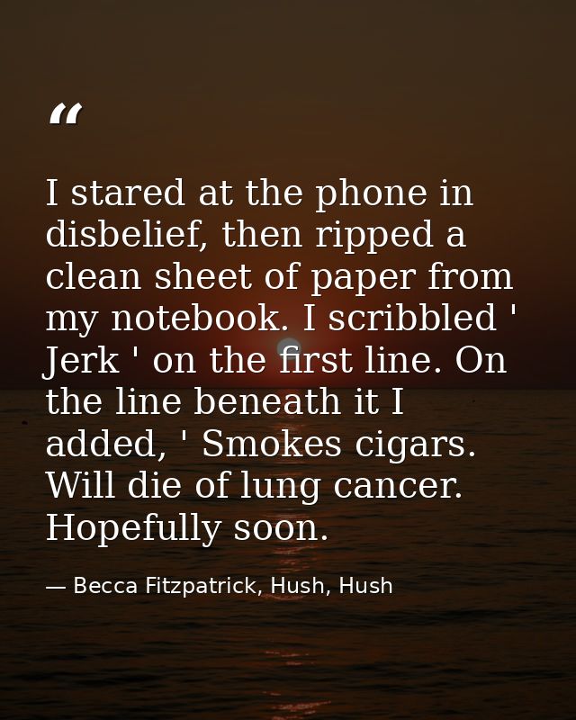 I stared at the phone in disbelief, then ripped a clean sheet of paper from my notebook. I scribbled ' Jerk ' on the fir — Becca Fitzpatrick, Hush, Hush