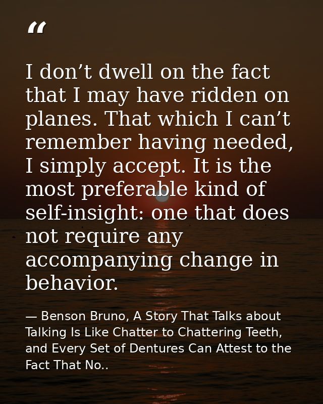 I don’t dwell on the fact that I may have ridden on planes. That which I can’t remember having needed, I simply accept.  — Benson Bruno, A Story That Talks about Talking Is Like Chatter to Chattering Teeth, and Every Set of Dentures Can Attest to the Fact That No..