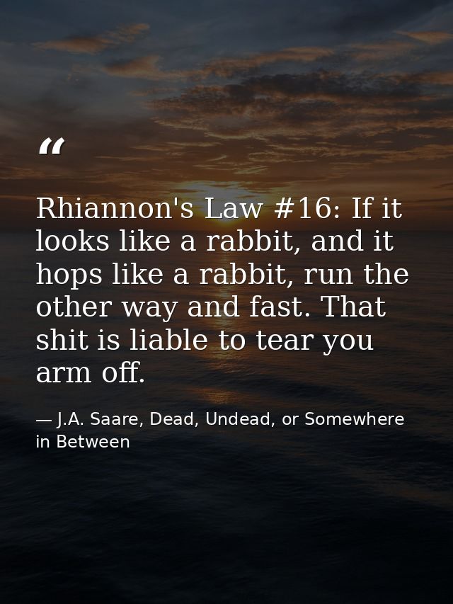 Rhiannon's Law #16: If it looks like a rabbit, and it hops like a rabbit, run the other way and fast. That shit is liabl — J.A. Saare, Dead, Undead, or Somewhere in Between