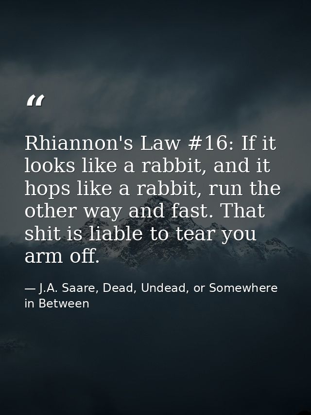 Rhiannon's Law #16: If it looks like a rabbit, and it hops like a rabbit, run the other way and fast. That shit is liabl — J.A. Saare, Dead, Undead, or Somewhere in Between