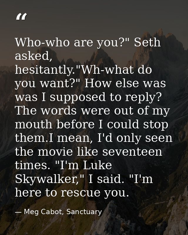 Who-who are you?" Seth asked, hesitantly."Wh-what do you want?" How else was was I supposed to reply? The words were out — Meg Cabot, Sanctuary