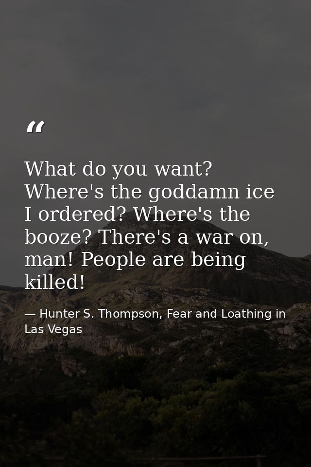 What do you want? Where's the goddamn ice I ordered? Where's the booze? There's a war on, man! People are being killed! — Hunter S. Thompson, Fear and Loathing in Las Vegas