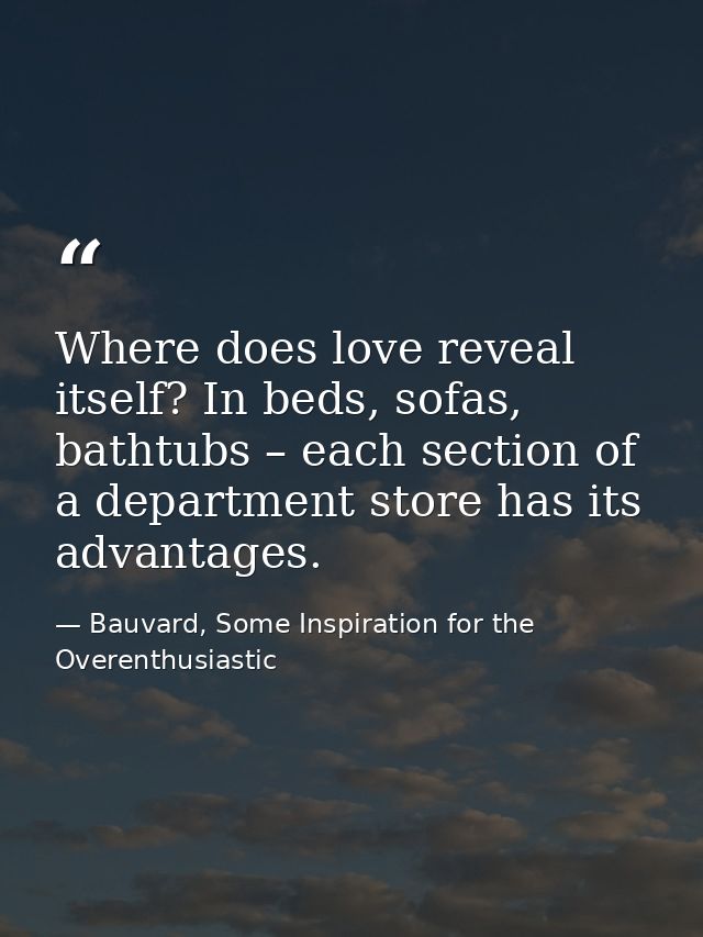 Where does love reveal itself? In beds, sofas, bathtubs – each section of a department store has its advantages. — Bauvard, Some Inspiration for the Overenthusiastic