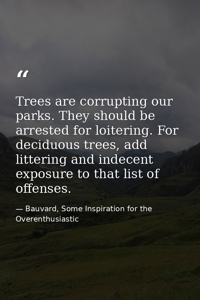 Trees are corrupting our parks. They should be arrested for loitering. For deciduous trees, add littering and indecent e — Bauvard, Some Inspiration for the Overenthusiastic