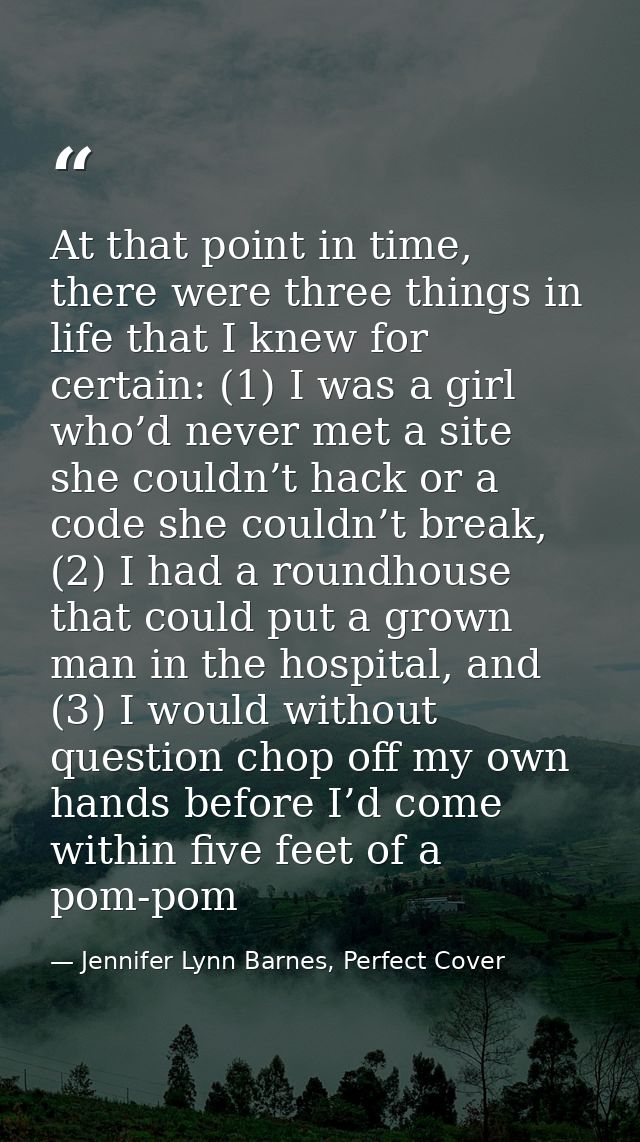 At that point in time, there were three things in life that I knew for certain: (1) I was a girl who’d never met a site  — Jennifer Lynn Barnes, Perfect Cover