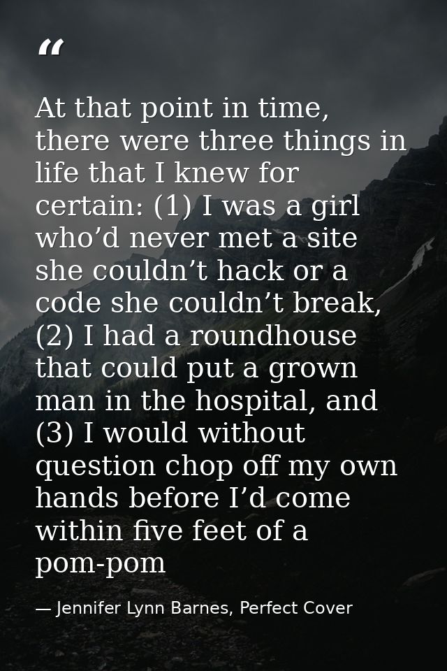 At that point in time, there were three things in life that I knew for certain: (1) I was a girl who’d never met a site  — Jennifer Lynn Barnes, Perfect Cover