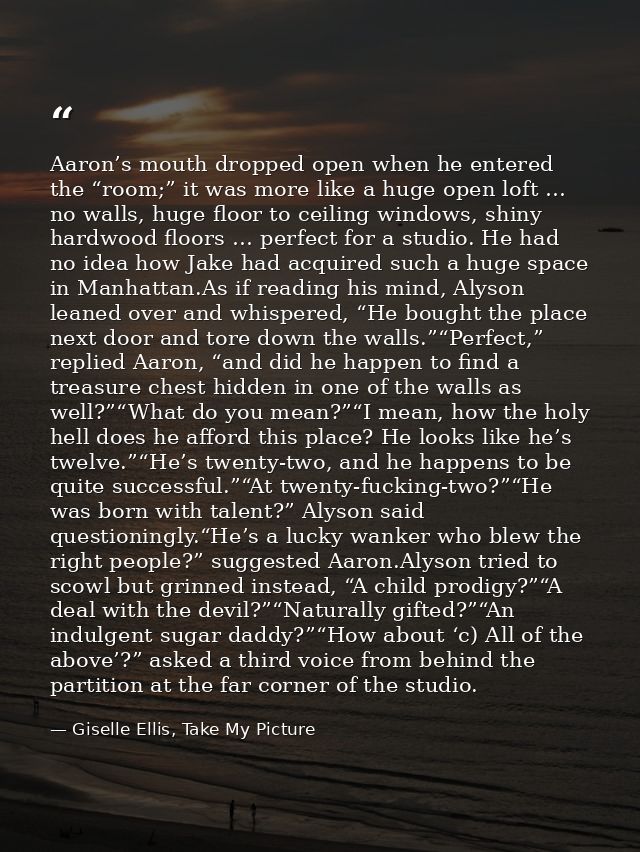 Aaron’s mouth dropped open when he entered the “room;” it was more like a huge open loft … no walls, huge floor to ceili — Giselle Ellis, Take My Picture