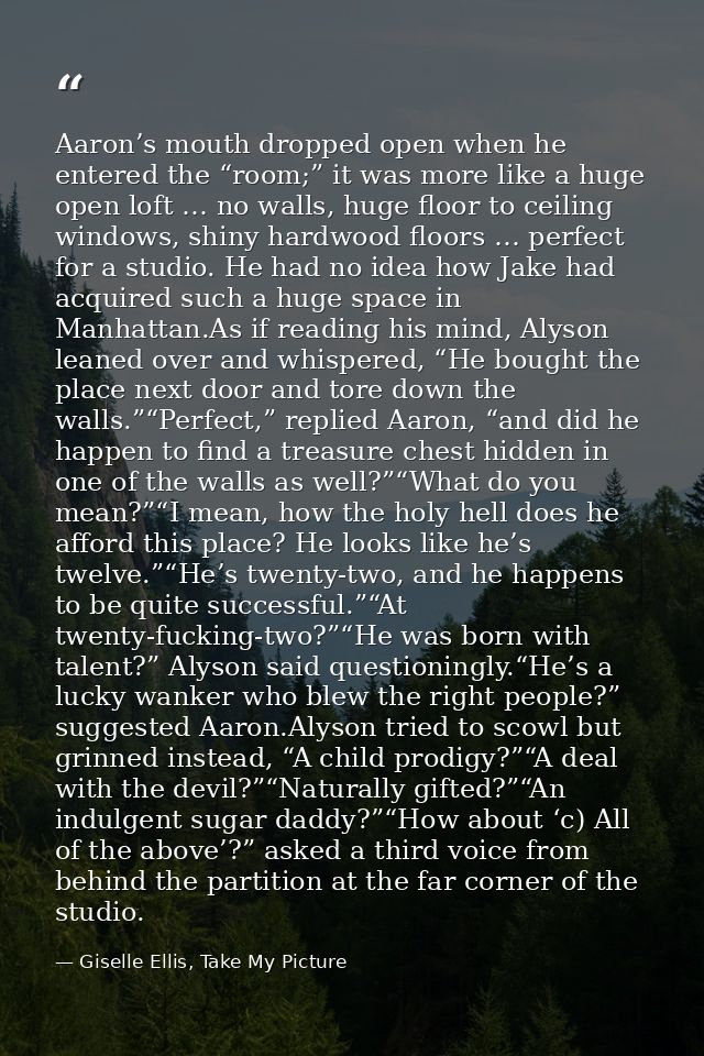 Aaron’s mouth dropped open when he entered the “room;” it was more like a huge open loft … no walls, huge floor to ceili — Giselle Ellis, Take My Picture