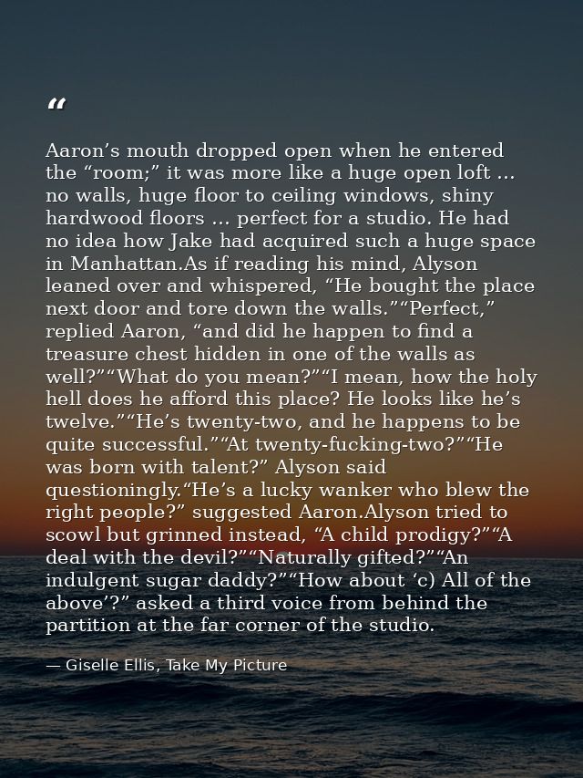 Aaron’s mouth dropped open when he entered the “room;” it was more like a huge open loft … no walls, huge floor to ceili — Giselle Ellis, Take My Picture