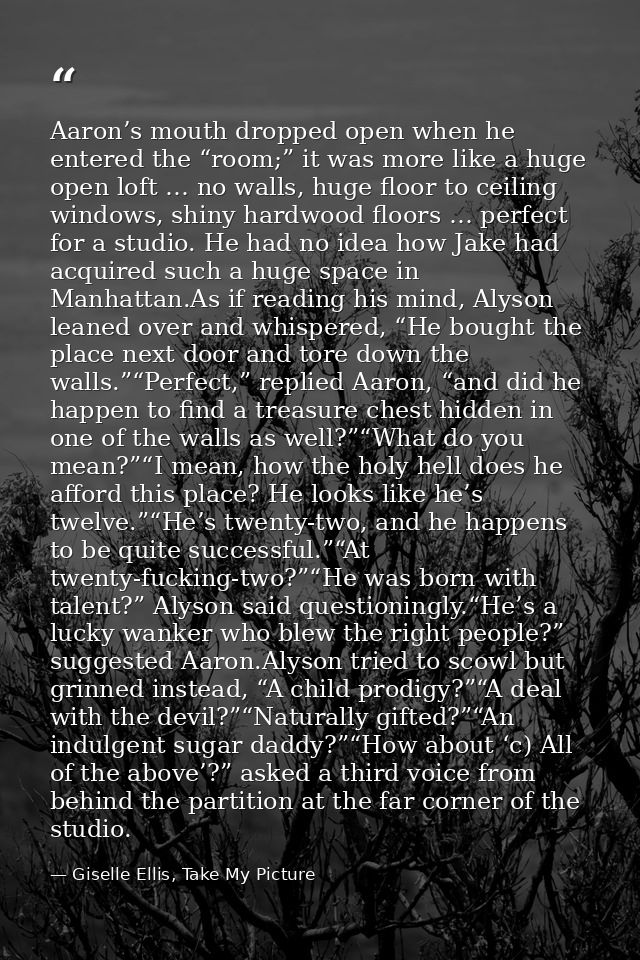 Aaron’s mouth dropped open when he entered the “room;” it was more like a huge open loft … no walls, huge floor to ceili — Giselle Ellis, Take My Picture