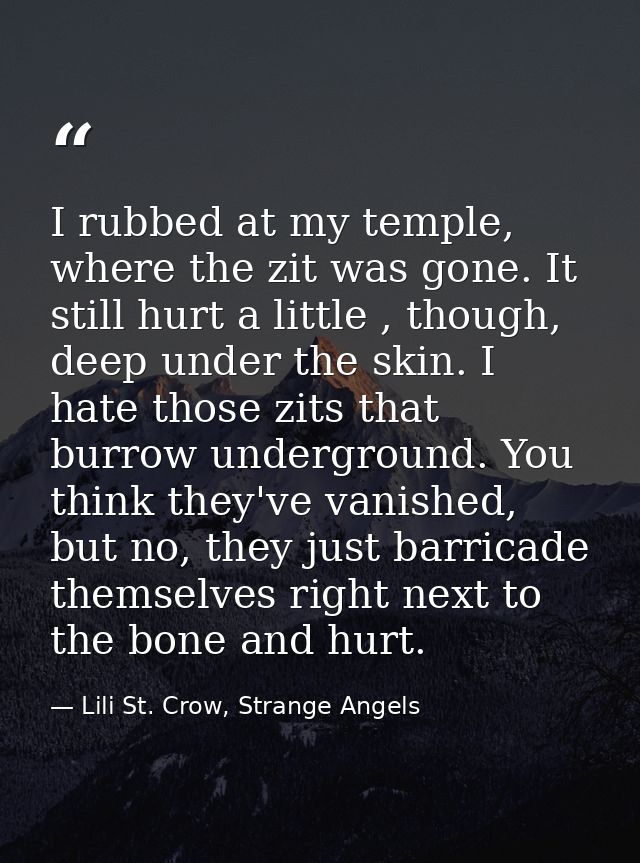 I rubbed at my temple, where the zit was gone. It still hurt a little , though, deep under the skin. I hate those zits t — Lili St. Crow, Strange Angels
