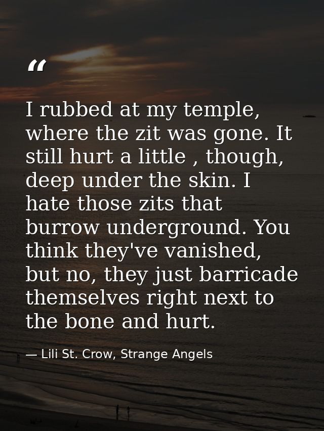 I rubbed at my temple, where the zit was gone. It still hurt a little , though, deep under the skin. I hate those zits t — Lili St. Crow, Strange Angels