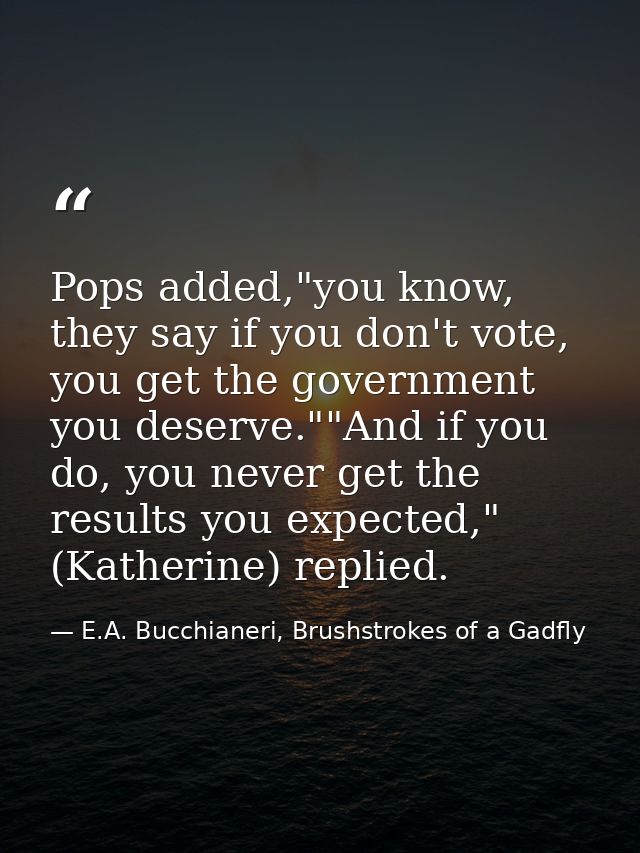 Pops added,"you know, they say if you don't vote, you get the government you deserve.""And if you do, you never get the  — E.A. Bucchianeri, Brushstrokes of a Gadfly