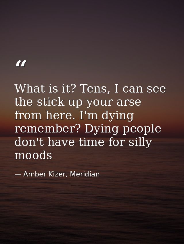 What is it? Tens, I can see the stick up your arse from here. I'm dying remember? Dying people don't have time for silly — Amber Kizer, Meridian