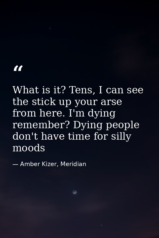 What is it? Tens, I can see the stick up your arse from here. I'm dying remember? Dying people don't have time for silly — Amber Kizer, Meridian