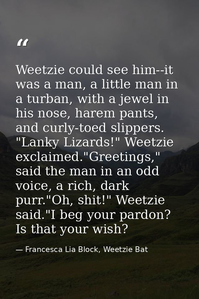 Weetzie could see him--it was a man, a little man in a turban, with a jewel in his nose, harem pants, and curly-toed sli — Francesca Lia Block, Weetzie Bat