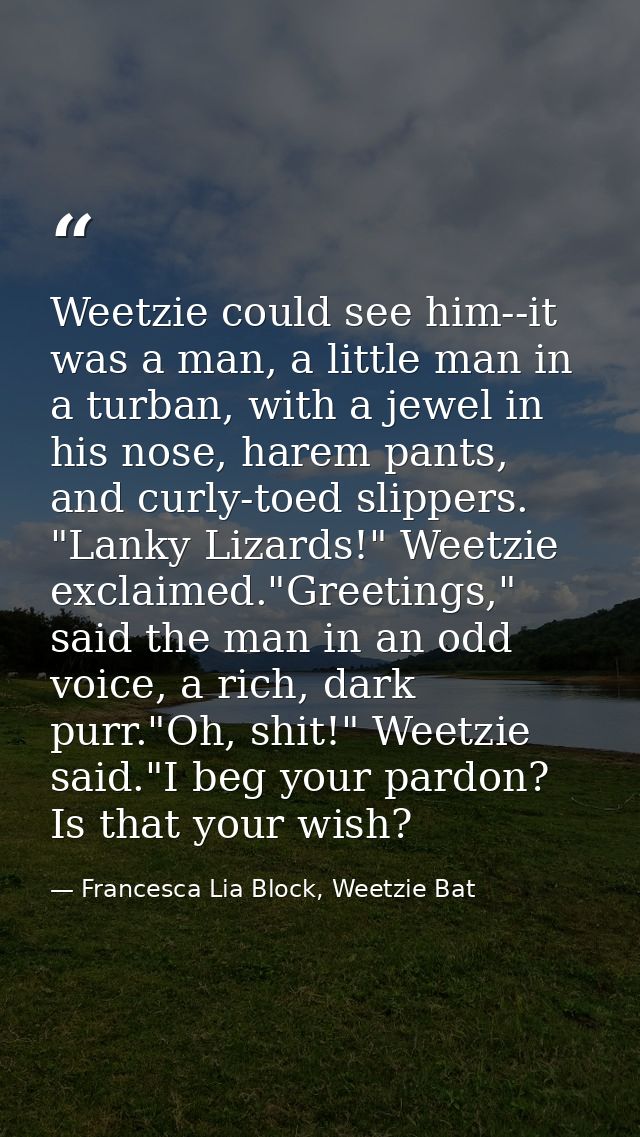 Weetzie could see him--it was a man, a little man in a turban, with a jewel in his nose, harem pants, and curly-toed sli — Francesca Lia Block, Weetzie Bat
