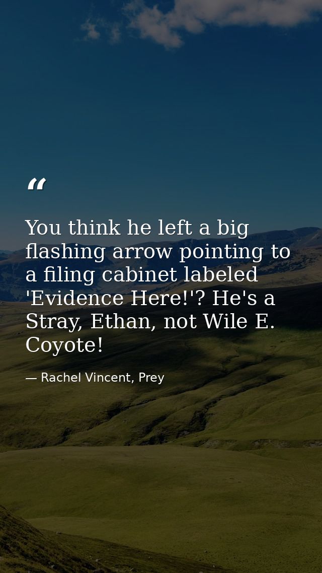 You think he left a big flashing arrow pointing to a filing cabinet labeled 'Evidence Here!'? He's a Stray, Ethan, not W — Rachel Vincent, Prey
