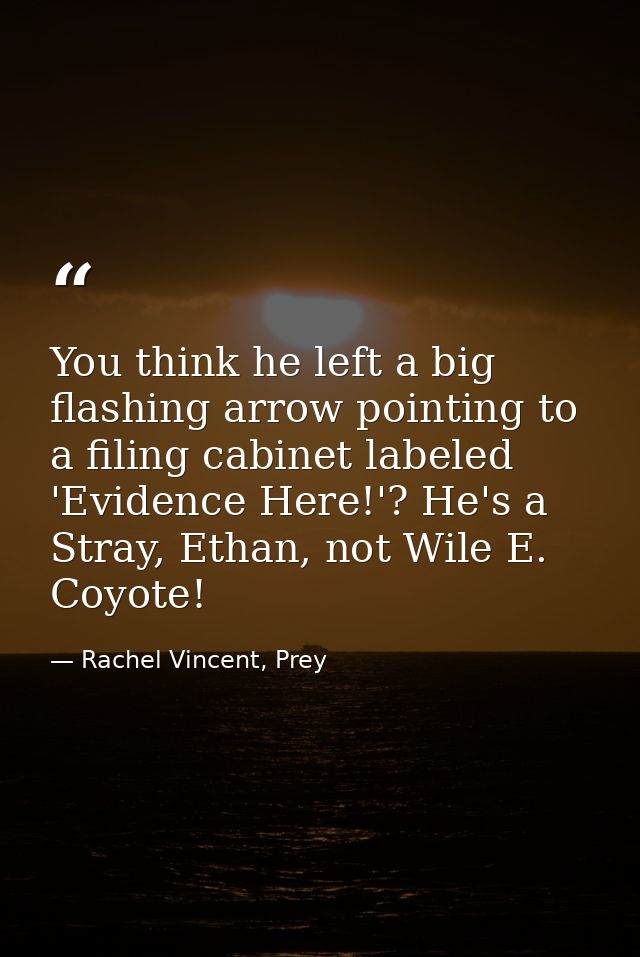 You think he left a big flashing arrow pointing to a filing cabinet labeled 'Evidence Here!'? He's a Stray, Ethan, not W — Rachel Vincent, Prey