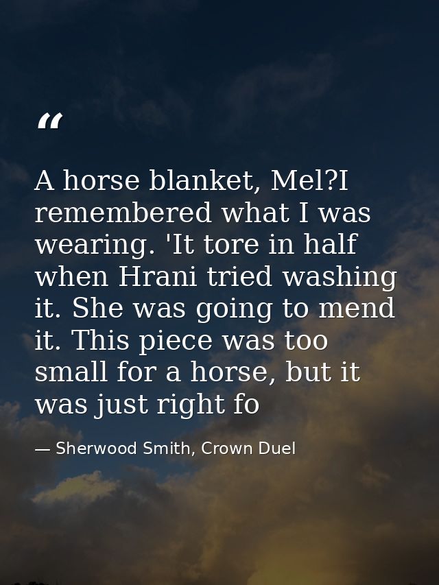 A horse blanket, Mel?I remembered what I was wearing. 'It tore in half when Hrani tried washing it. She was going to men — Sherwood Smith, Crown Duel