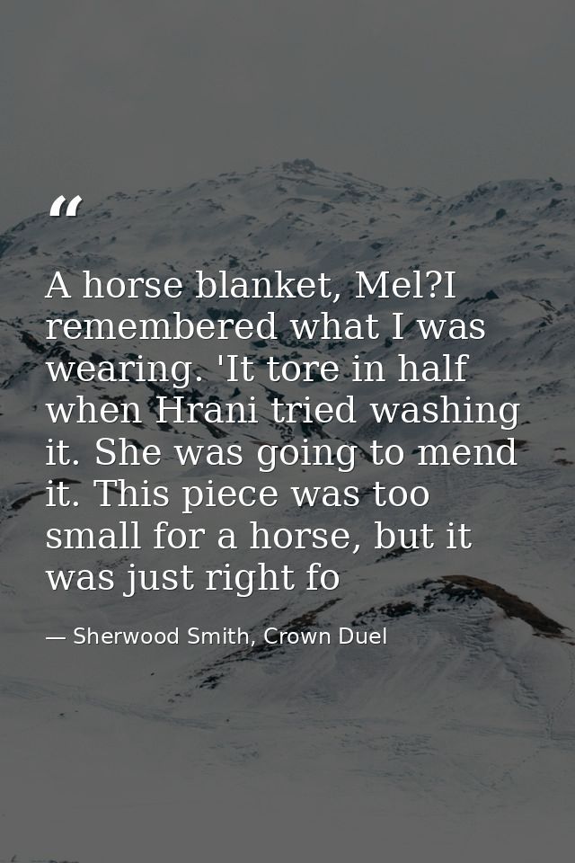 A horse blanket, Mel?I remembered what I was wearing. 'It tore in half when Hrani tried washing it. She was going to men — Sherwood Smith, Crown Duel