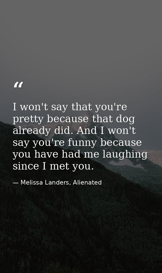 I won't say that you're pretty because that dog already did. And I won't say you're funny because you have had me laughi — Melissa Landers, Alienated