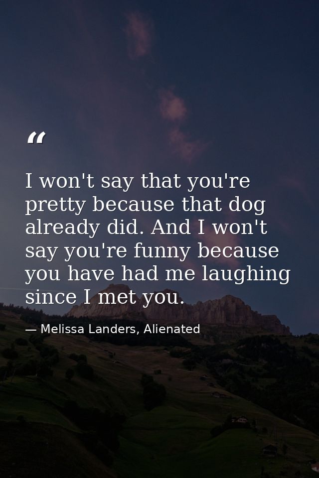I won't say that you're pretty because that dog already did. And I won't say you're funny because you have had me laughi — Melissa Landers, Alienated