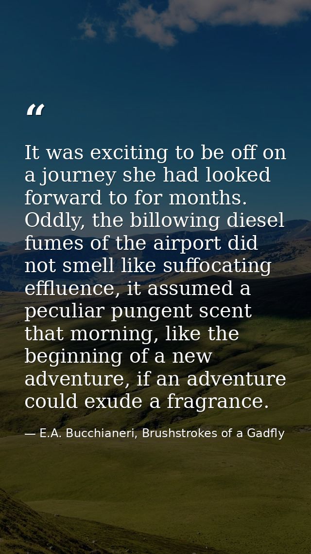 It was exciting to be off on a journey she had looked forward to for months. Oddly, the billowing diesel fumes of the ai — E.A. Bucchianeri, Brushstrokes of a Gadfly